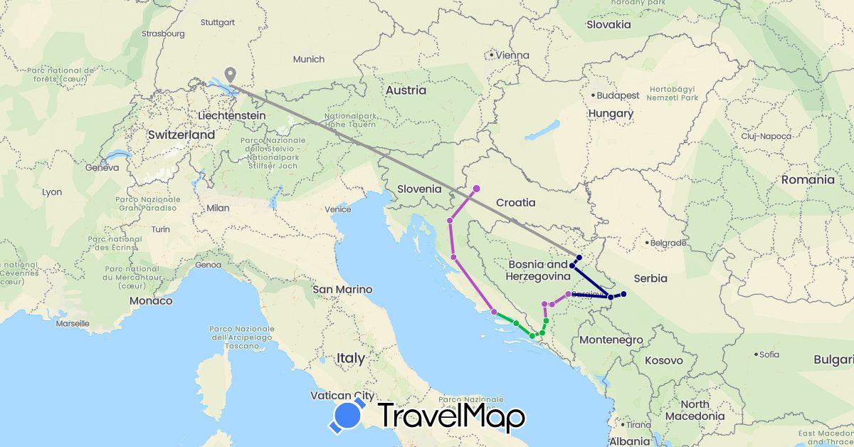TravelMap itinerary: driving, bus, plane, train in Bosnia and Herzegovina, Germany, Croatia, Serbia (Europe)